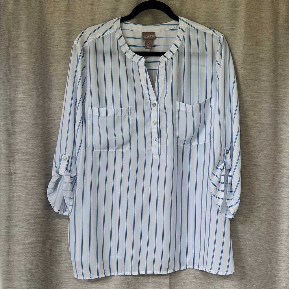 Chico's White and Blue Striped Blouse